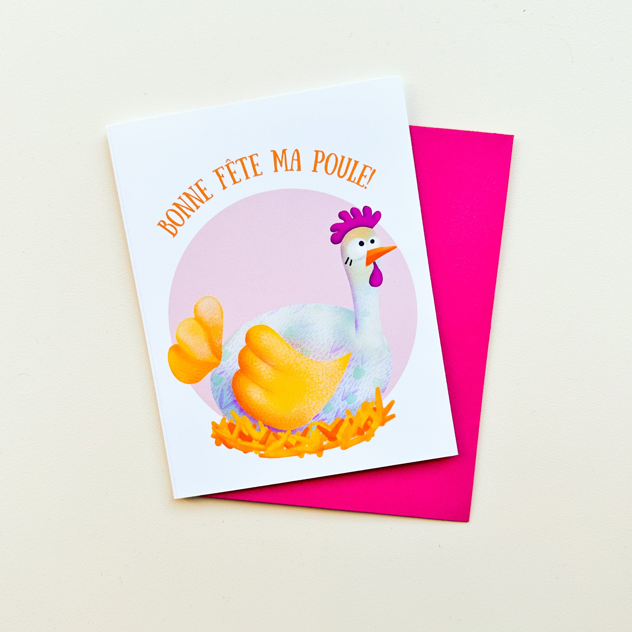 Illustration d'une poule aux couleurs vives et éclatées dans un style loufoque et décalé sur fond de carte de voeux