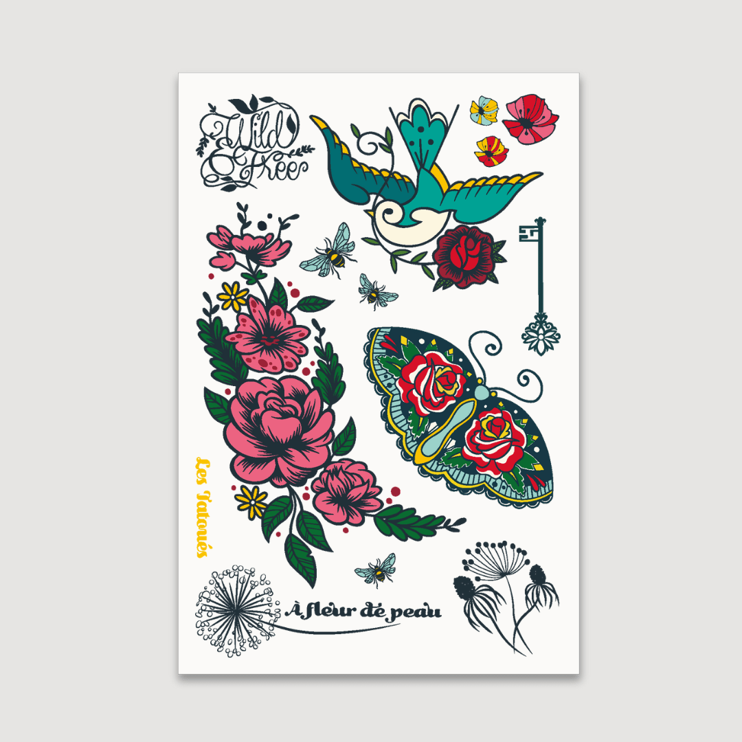 Tatouages temporaires fleurs, papillon , hirondelle