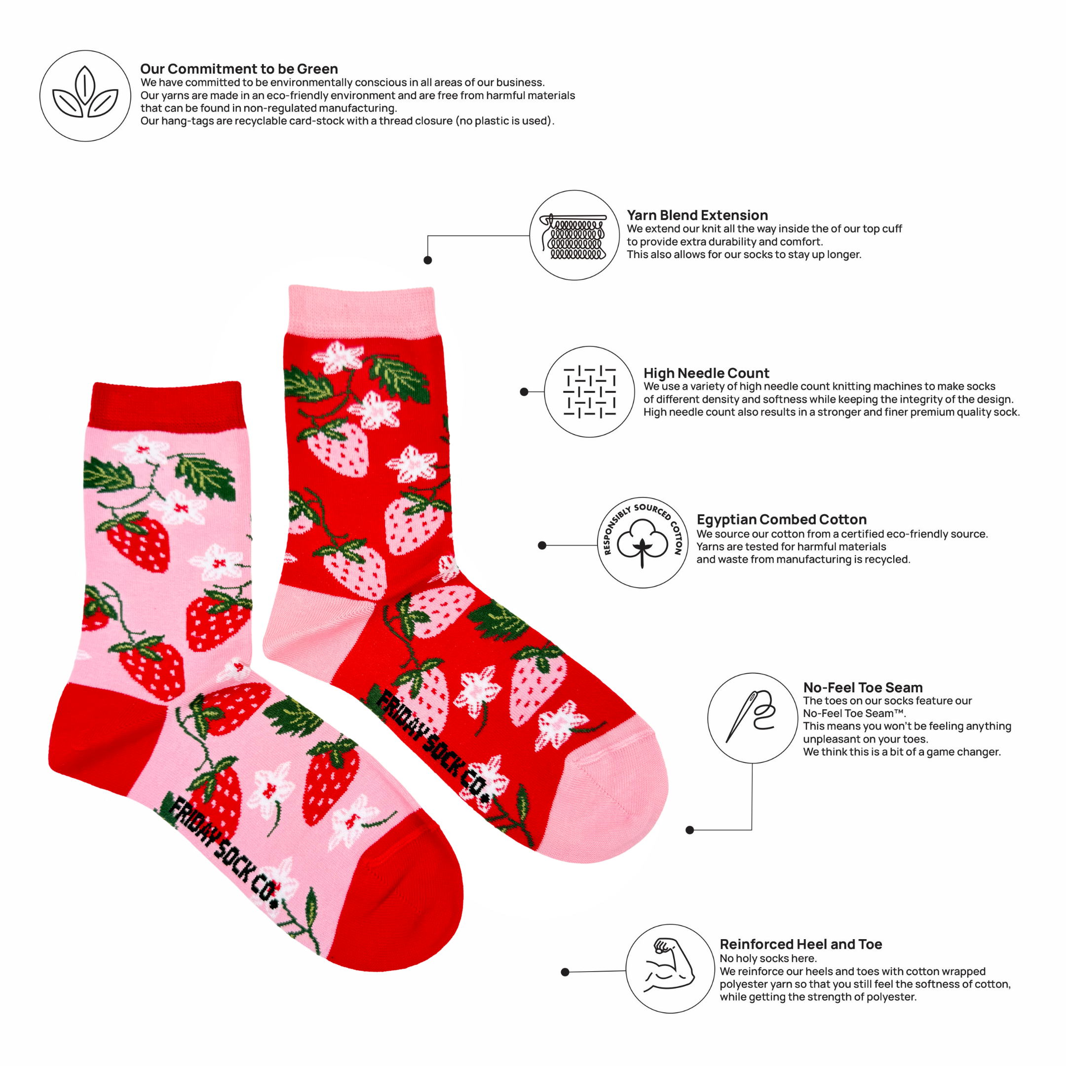 Friday Sock Co. - Chaussettes Femme Fraise, Cadeau Jardin de Printemps
